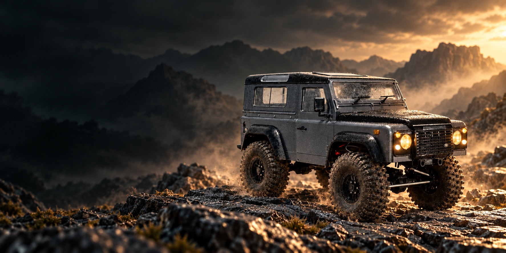 MN999 Defender D90 RC crawler on a cinematic rocky trail